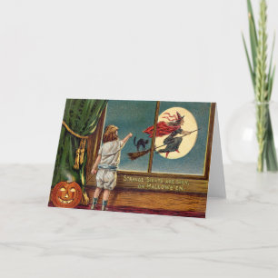 Flying Witch Black Cat Ful Moon Pumpkin Card