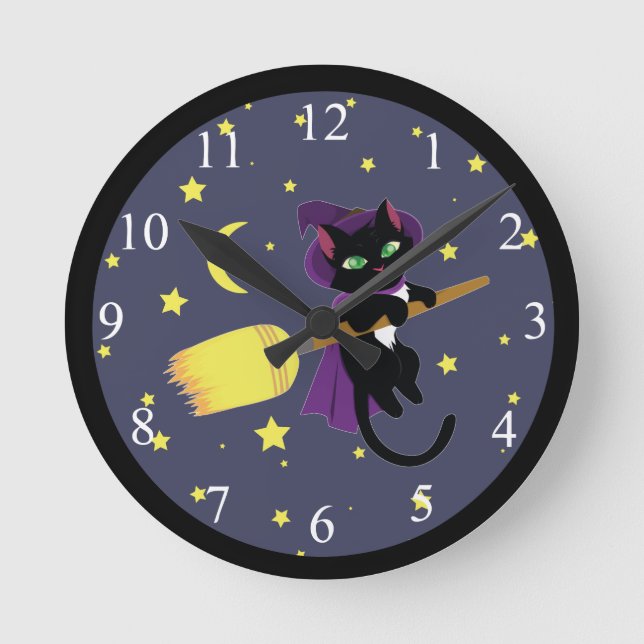 Flying Witch Cat Round Clock (Front)