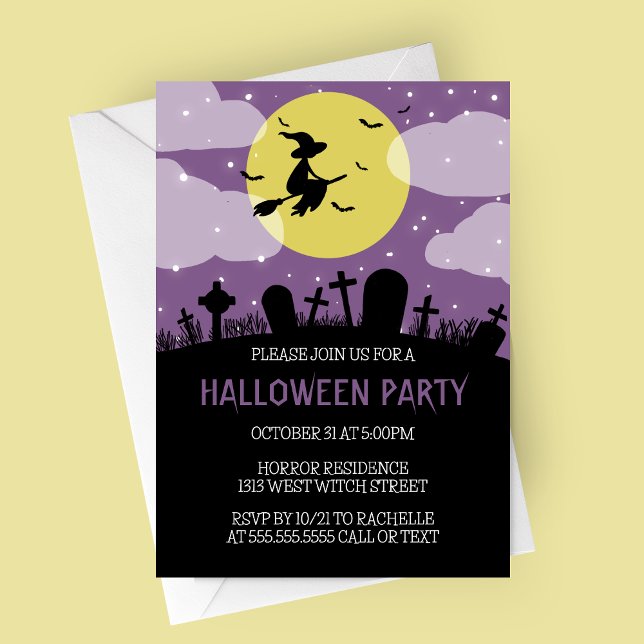 Flying Witch Halloween Party Invitation (Flying Witch Over Cemetery with Purple Sky Halloween Party Invitation)
