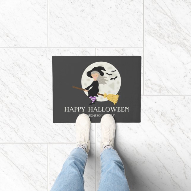 Flying Witch Happy Halloween & Custom Family Name Doormat (Indoor)