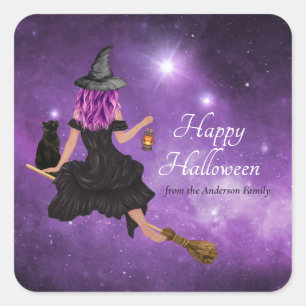Flying Witch Happy Halloween Personalized Square Sticker