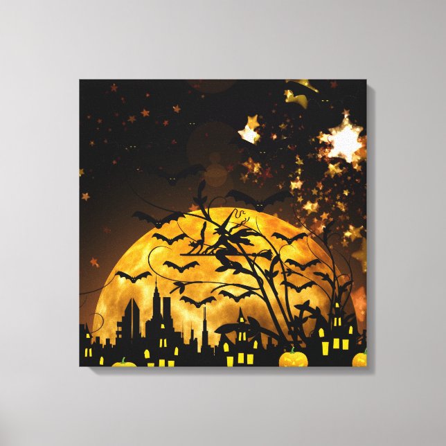 Flying Witch Harvest Moon Bats Halloween Gifts Canvas Print (Front)