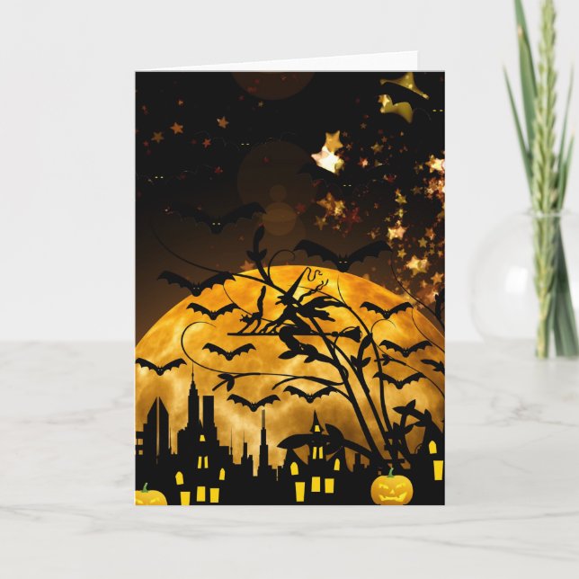 Flying Witch Harvest Moon Bats Halloween Gifts Card (Front)