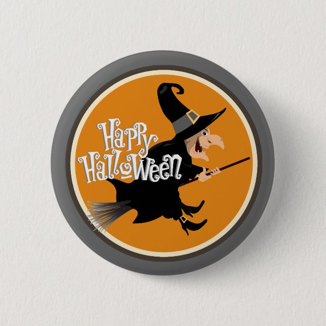 Flying Witch on Broom Halloween 2 Inch Round Button (Front)