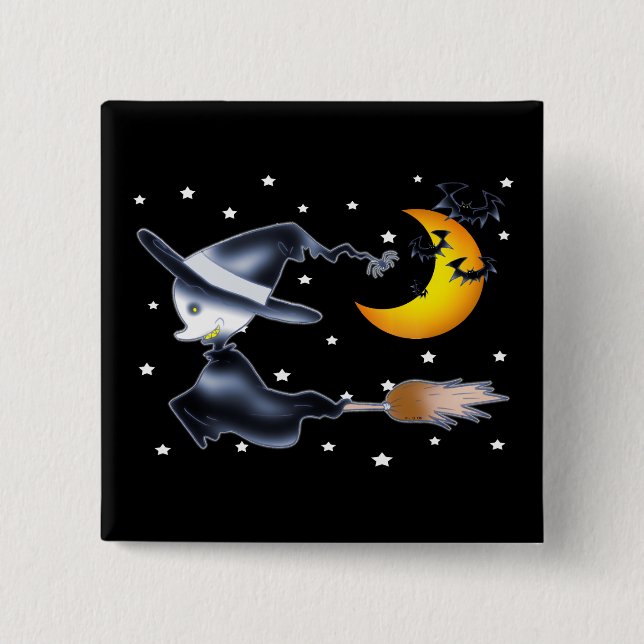 Flying Witch on Halloween Night 2 Inch Square Button (Front)