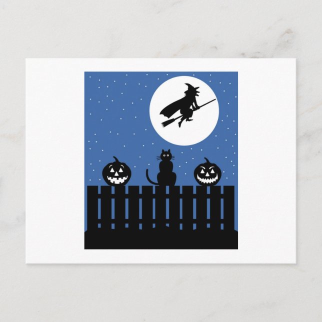 Flying Witch, Pumpkins, Cat Contemporary Postcard (Front)