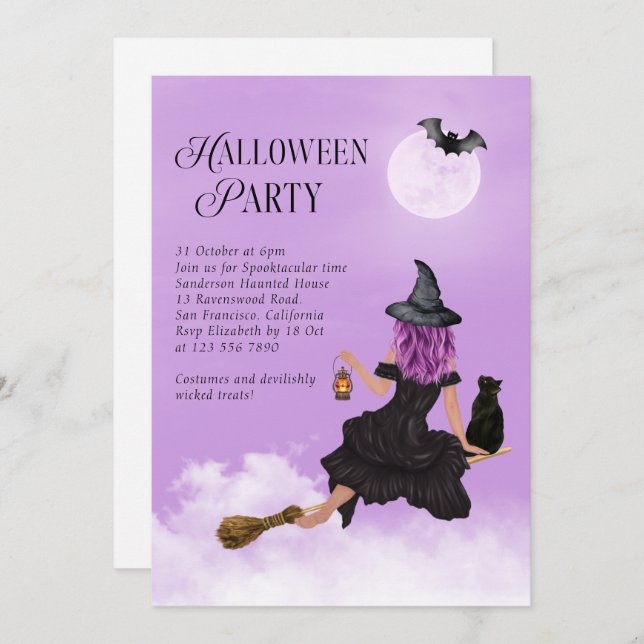  Flying Witch Purple Halloween Party Invitation (Front/Back)