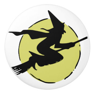 Flying Witch Riding a Broom, Full Moon Halloween Ceramic Knob
