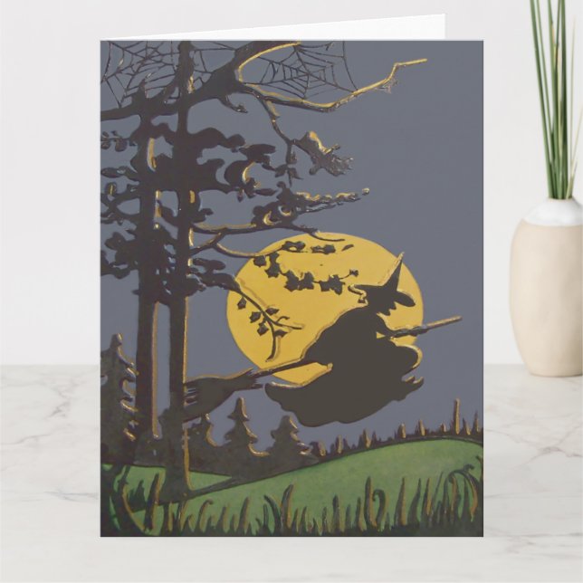 Flying Witch Silhouette Full Moon Spiderweb Card (Front)