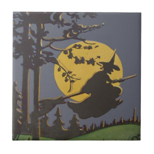 Flying Witch Silhouette Full Moon Tile