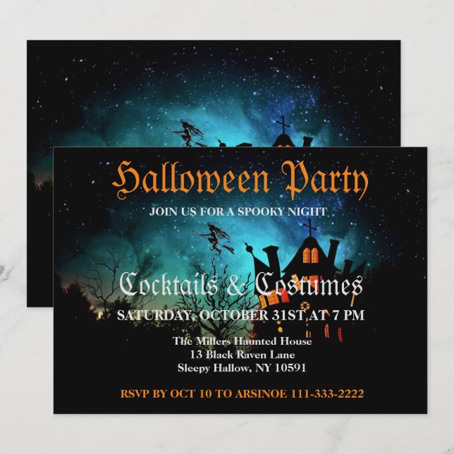 Flying Witch Spooky Halloween Party Invitation (Front/Back)