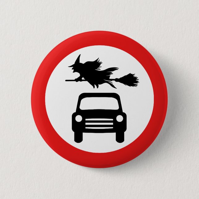 Flying Witch Warning Sign Badge 2 Inch Round Button (Front)