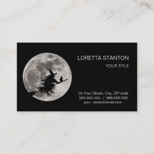 Flying witch with a bright moon behind her business card