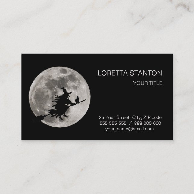 Flying witch with a bright moon behind her business card (Front)