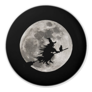 Flying witch with a bright moon behind her ceramic knob