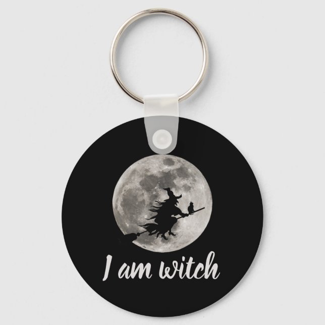 Flying witch with a bright moon behind her keychain (Front)