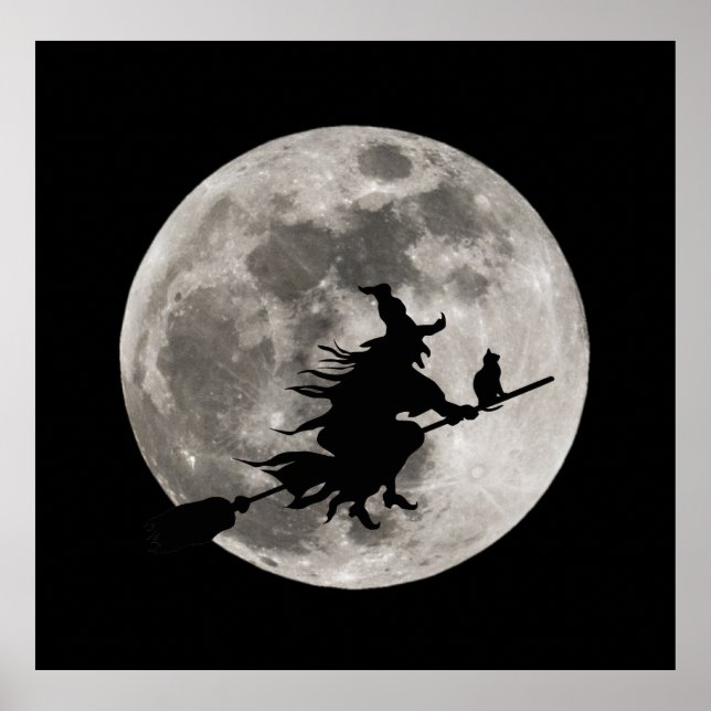 Flying witch with a bright moon behind her poster (Front)