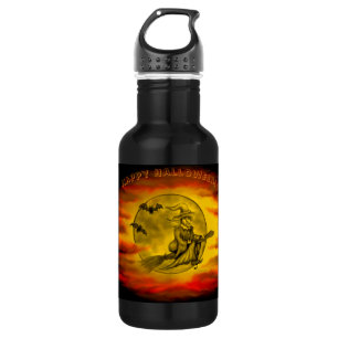 Flying witch with black cat , halloween night 532 ml water bottle