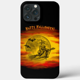 Flying witch with black cat , halloween night iPhone 13 pro max case