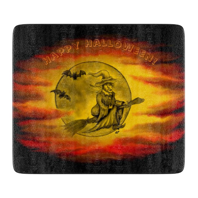 Flying witch with black cat , halloween night cutting board (Front)