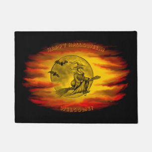 Flying witch with black cat , halloween night doormat