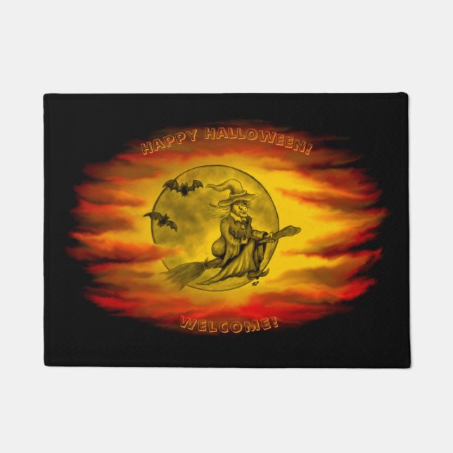 Flying witch with black cat , halloween night doormat (Front)