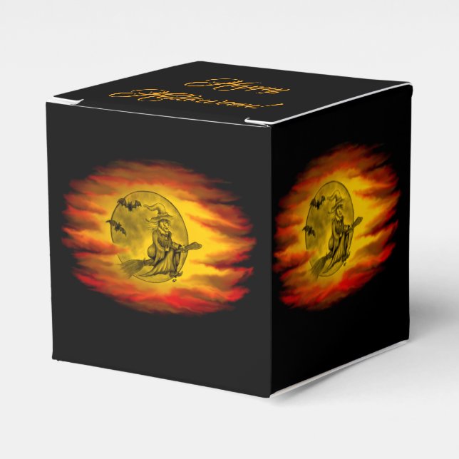 Flying witch with black cat , halloween night favor box (Front Side)