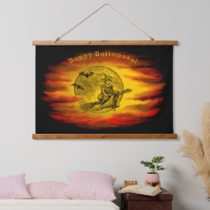 Flying witch with black cat , halloween night hanging tapestry