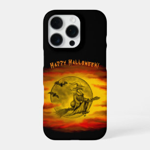 Flying witch with black cat , halloween night iPhone 16 pro case