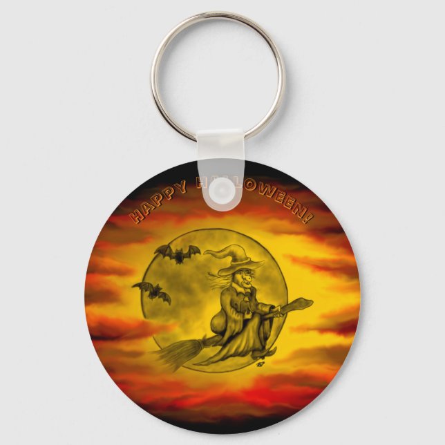 Flying witch with black cat , halloween night keychain (Front)
