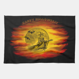 Flying witch with black cat , halloween night kitchen towel