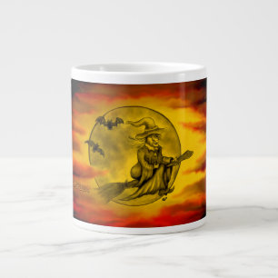 Flying witch with black cat , halloween night large coffee mug
