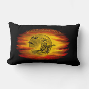 Flying witch with black cat , halloween night lumbar pillow