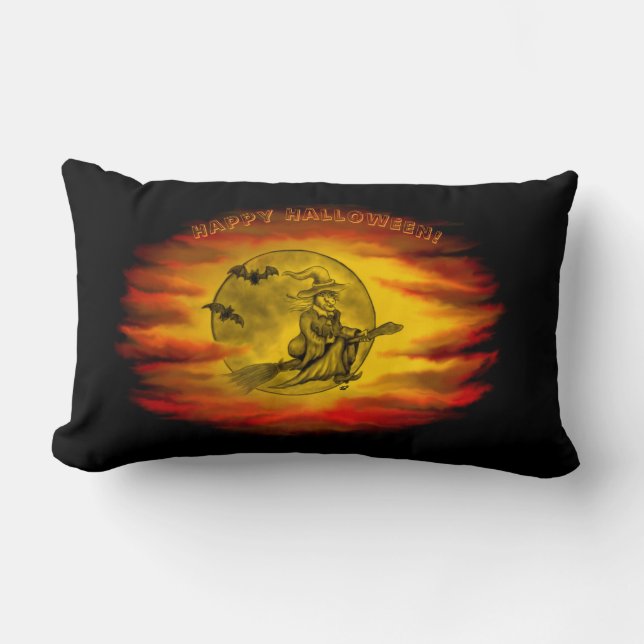 Flying witch with black cat , halloween night lumbar pillow (Front)