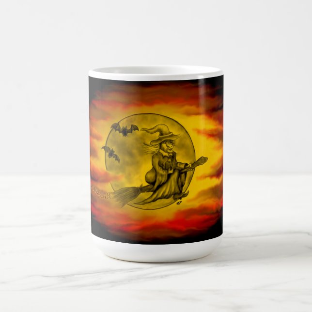 Flying witch with black cat , halloween night magic mug (Center)
