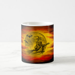 Flying witch with black cat , halloween night magic mug
