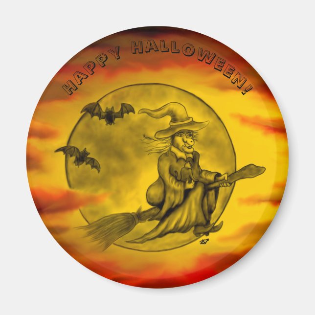 Flying witch with black cat , halloween night magnet (Front)