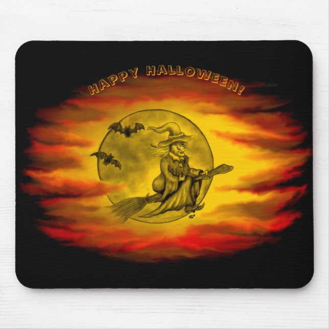 Flying witch with black cat , halloween night mouse pad (Front)