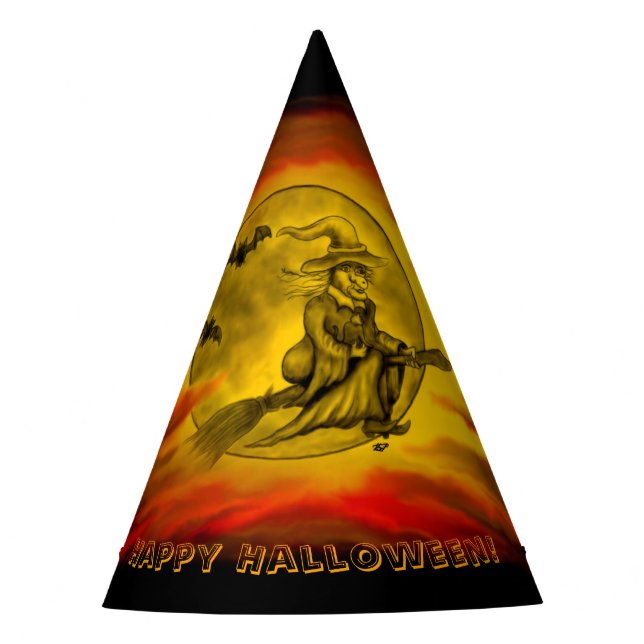 Flying witch with black cat , halloween night party hat (Front)