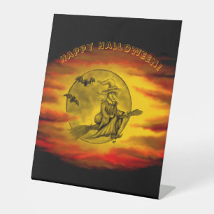 Flying witch with black cat , halloween night pedestal sign