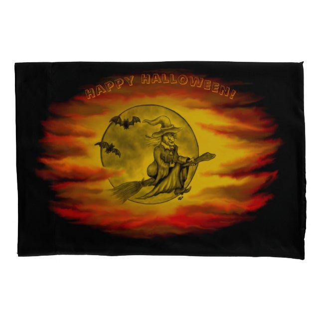 Flying witch with black cat , halloween night pillowcase (Front)