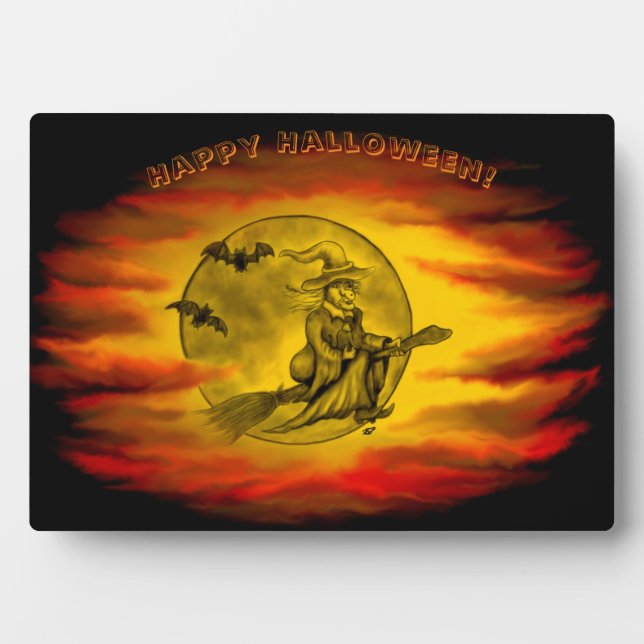 Flying witch with black cat , halloween night plaque (Front)
