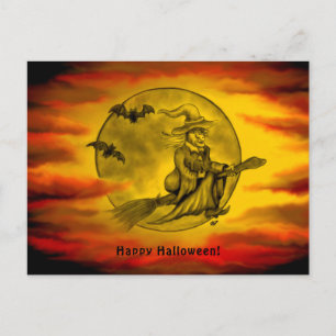 Flying witch with black cat , halloween night postcard