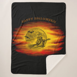 Flying witch with black cat , halloween night sherpa blanket