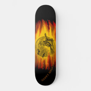 Flying witch with black cat , halloween night skateboard