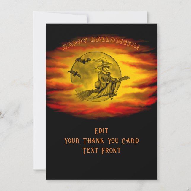 Flying witch with black cat , halloween night thank you card (Front)