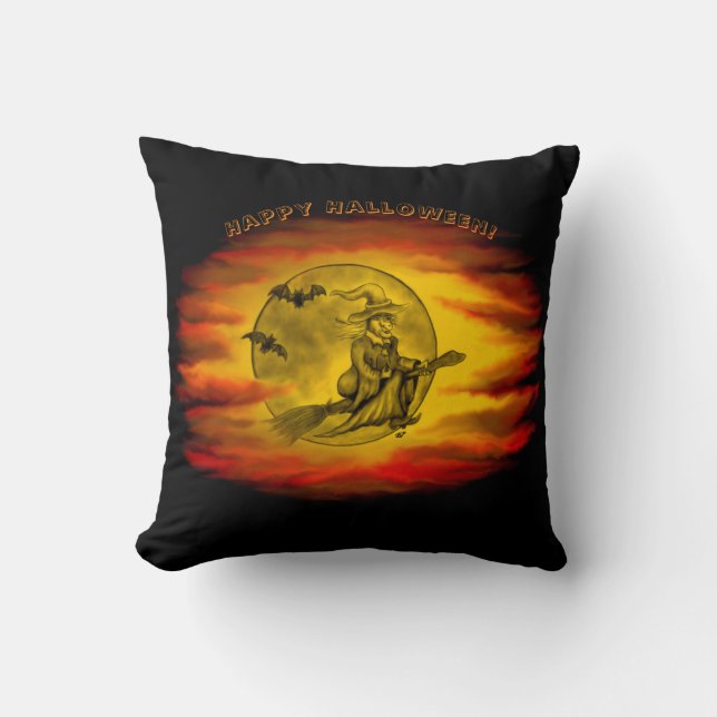 Flying witch with black cat , halloween night throw pillow (Front)