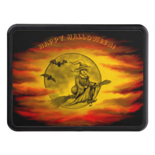 Flying witch with black cat , halloween night trailer hitch cover