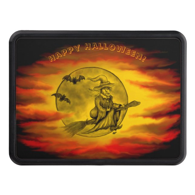 Flying witch with black cat , halloween night trailer hitch cover (Front)