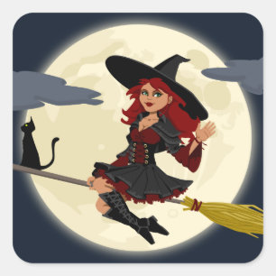 Flying Witch with Broom and Black Cat Square Sticker
